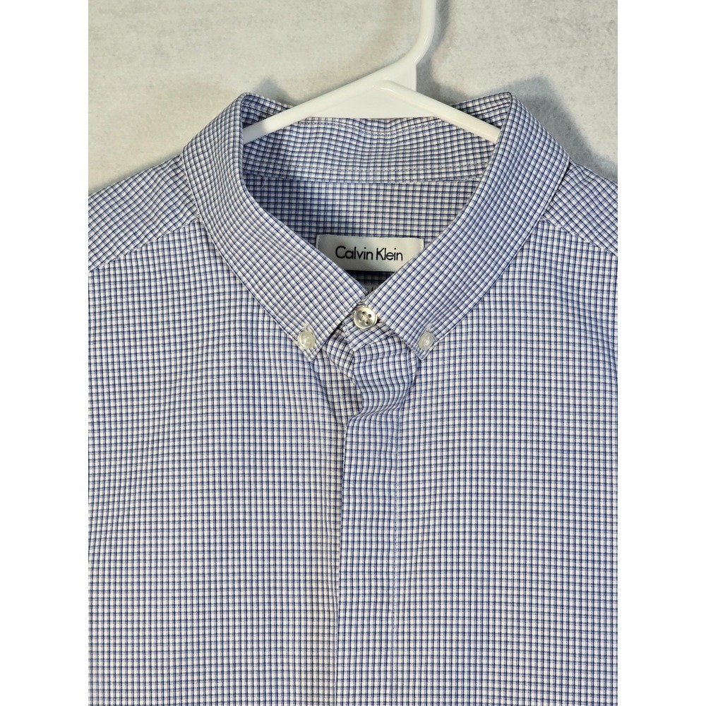 Calvin Klein Mens Slim Fit Shirt 17, 34/35 Long Sleeve Checkered/Gingham Blue